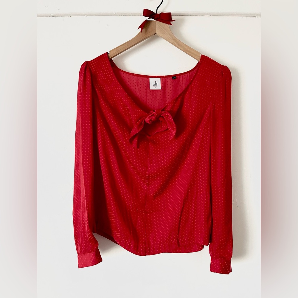 CAbi Red Blouse Dot Pattern Bow-Tie Preppy Feminine Classy Top Business Casual